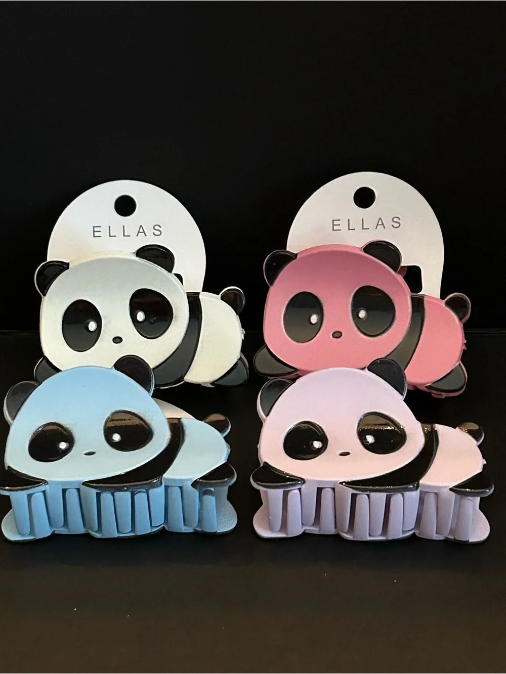 Ellas Panda Kids Hair Claw Clips - Blue, Pink, Purple and White Set of Four
